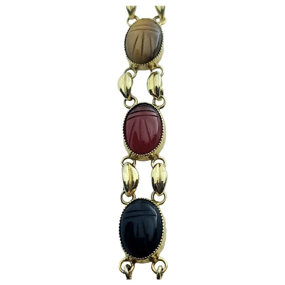 Vintage Egyptian Revival Wrist Watch Carved Gemstone Scarabs By Sutton WORKS